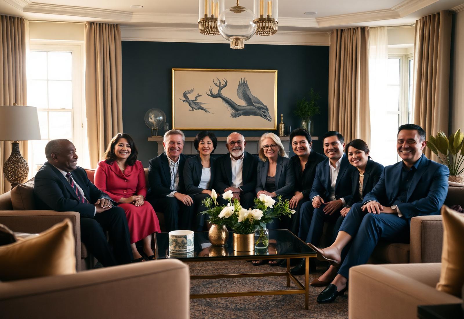 A diverse family and business owners meeting with a financial professional in a warm, sunlit setting.