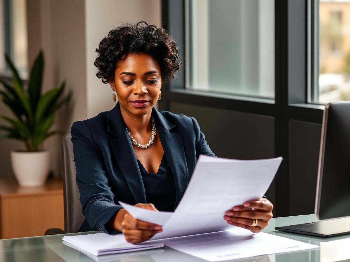 A professional reviewing retirement documents at her desk.